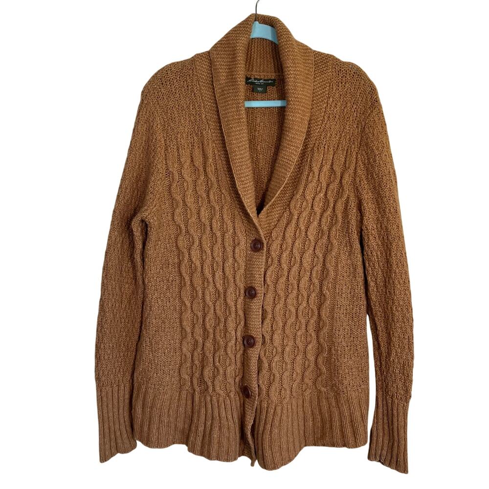 Eddie Bauer Women's Sz L Lambswool Fisherman Cable-Knit Shawl Collar Cardigan